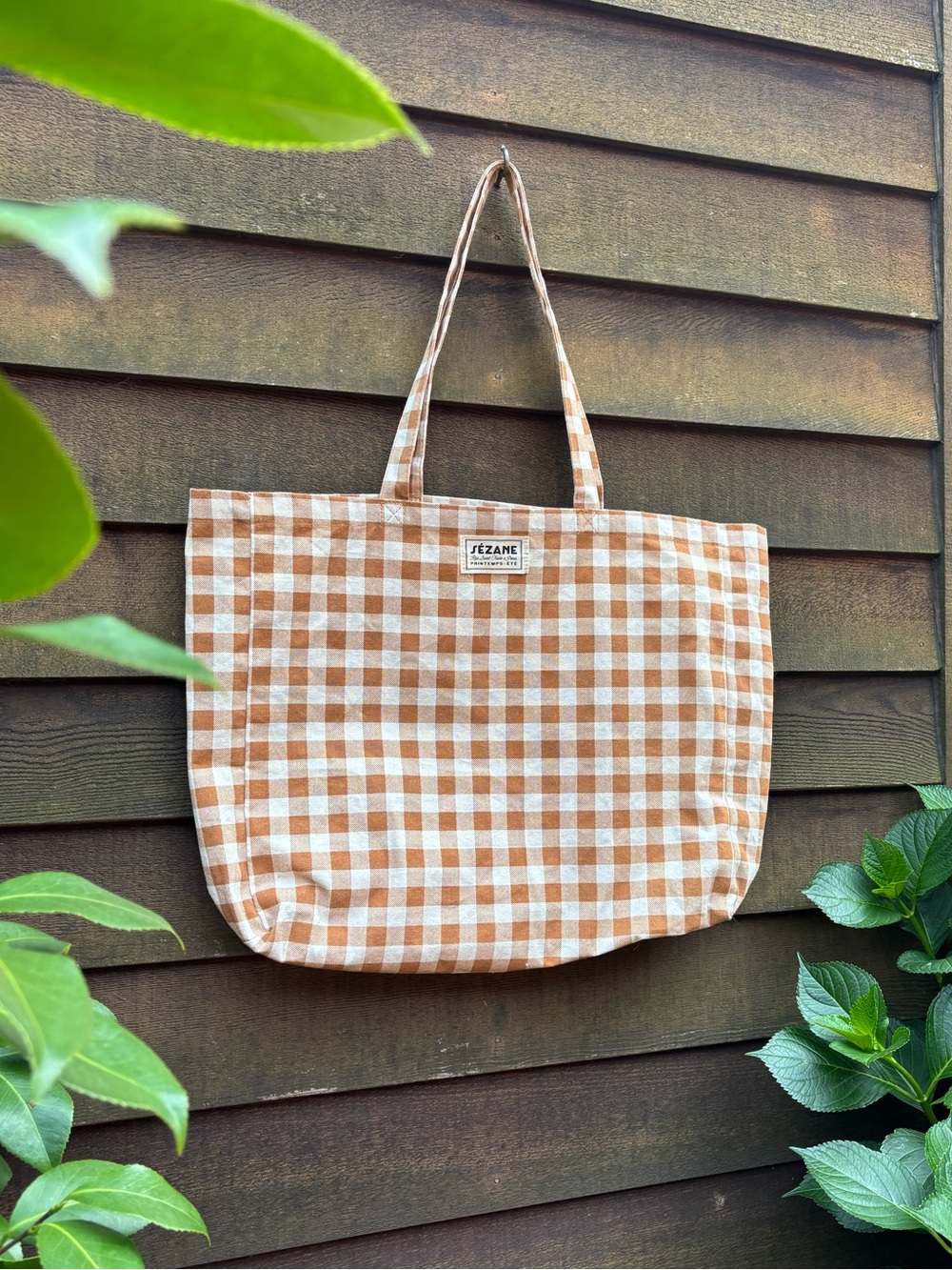 SEZANE 100% Cotton Tan Gingham Tote Bag